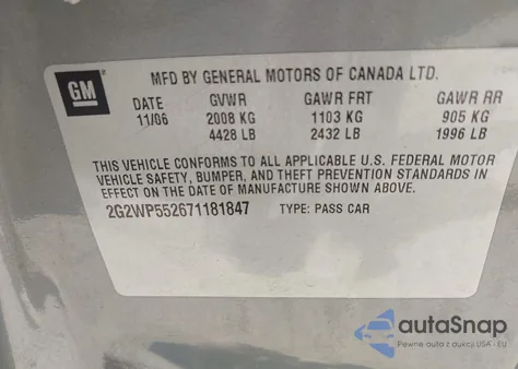 2007 Pontiac Grand Prix z USA, uszkodzony, nr VIN 2G2WP552671181847